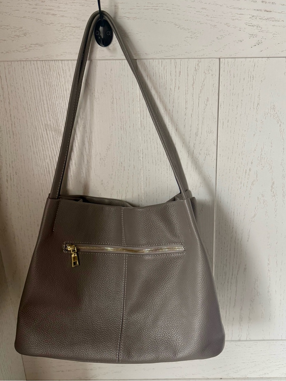 Kattee Pebbled Leather Shoulder Tote in Gray with Gold Accent